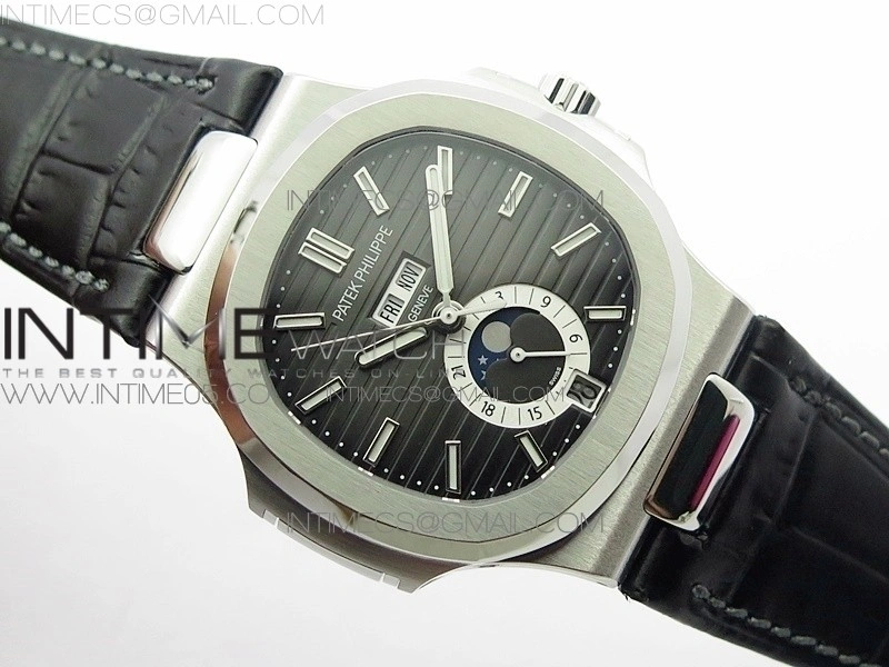 NAUTILUS 5726 SS GRF 1:1 BEST EDITION GRAY DIAL WORKING ANNUAL CALENDARON BLACK LEATHER STARP A.324 V2